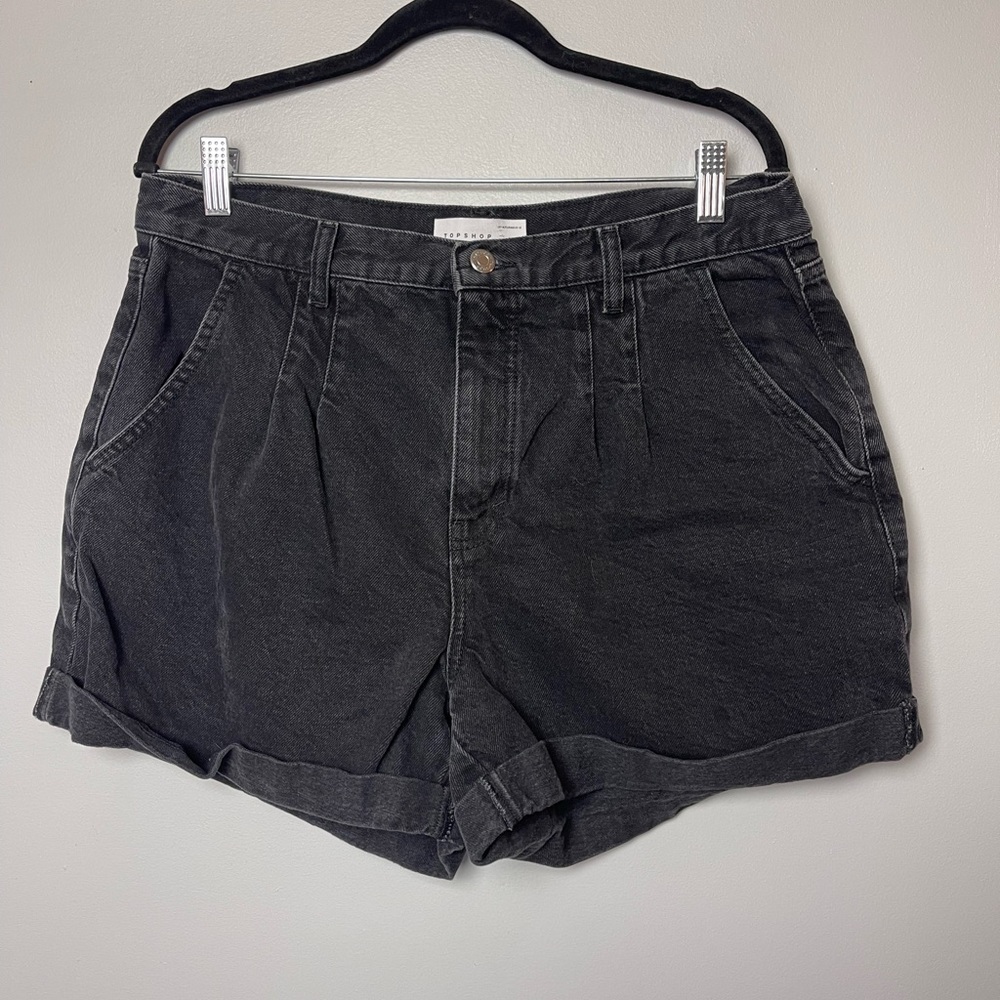 Topshop black high waist pleated jean shorts denim cuffed‎ 12
